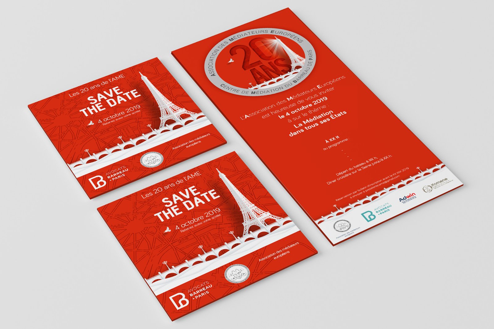 invitation pour la soirée des 20ans - Creation of the Save the Date card and mailing and of the official invitation to the 20th anniversary of the Association of European Mediators.